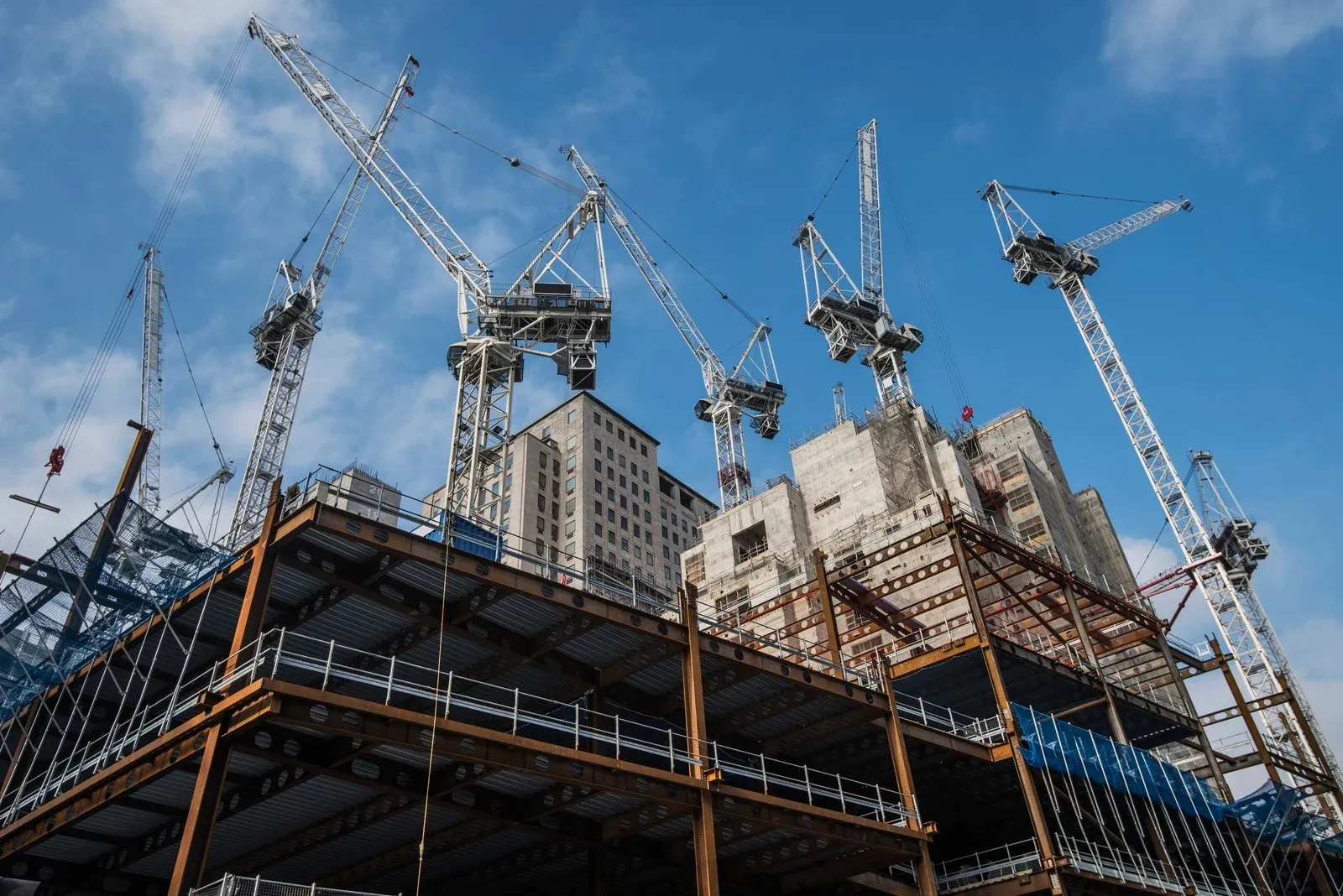 Steel-framed building under construction with tower cranes against a blue sky