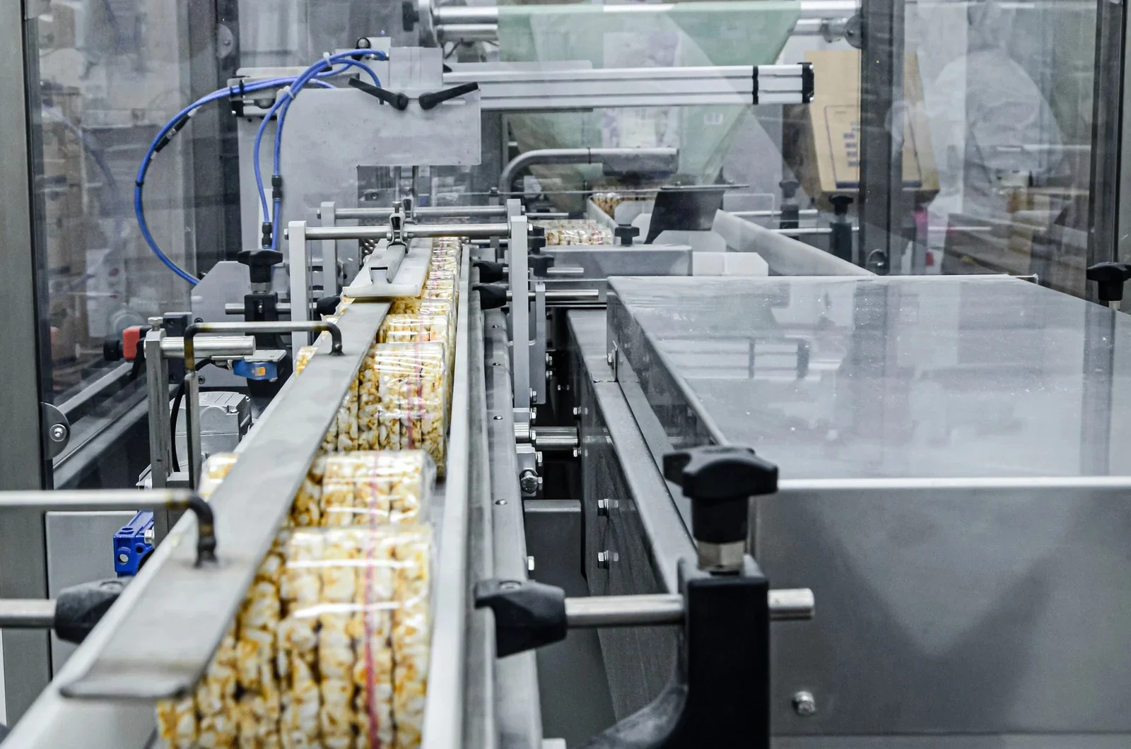 Stainless steel conveyor line packaging food products in a processing facility