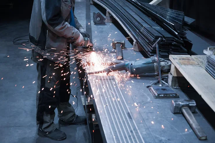 Worker grinding a metal piece with sparks flying on the shop floor