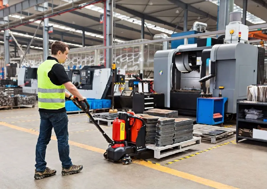 Worker moving fabricated metal parts with a powered pallet jack on a factory floor