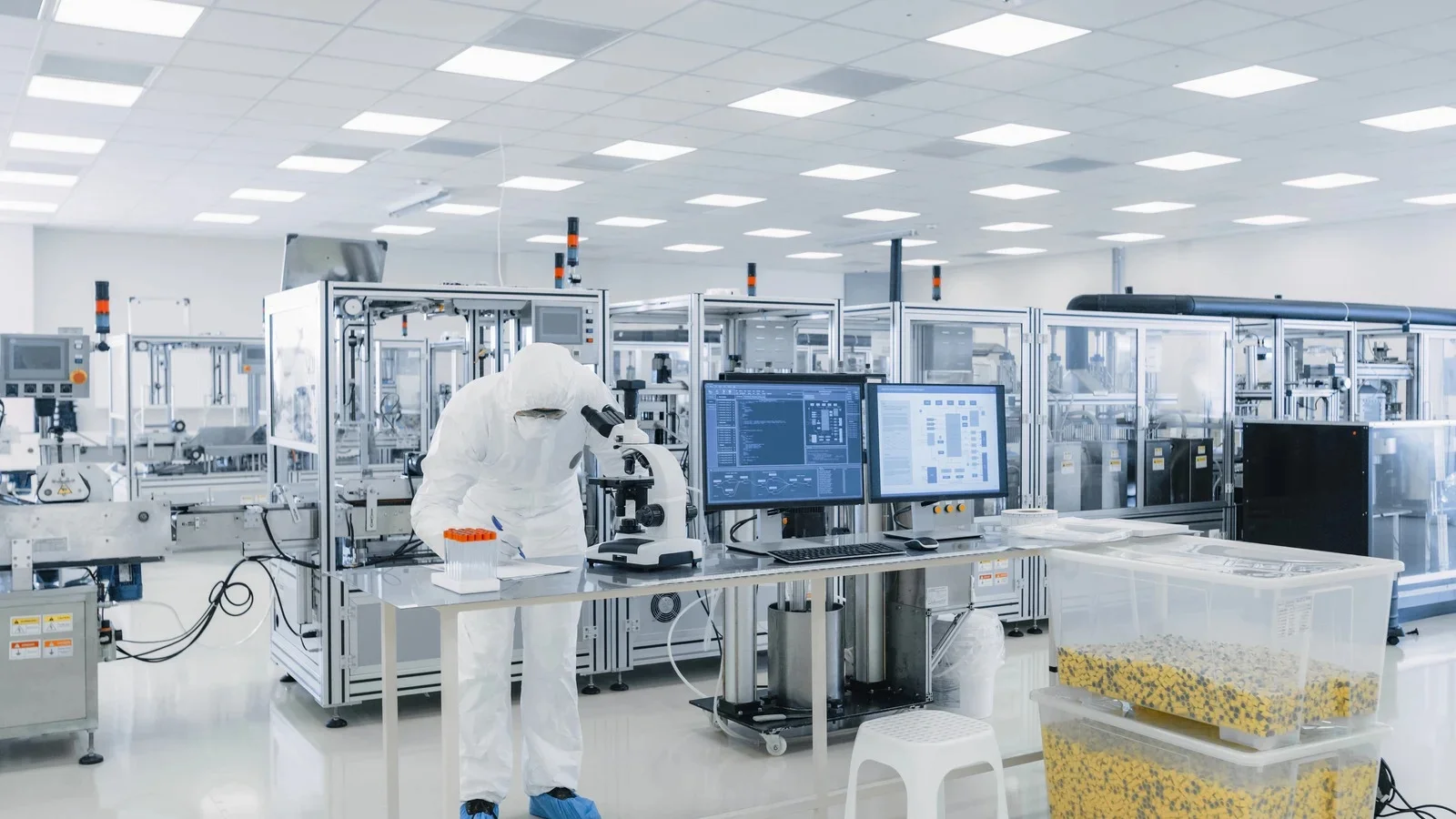 Technician in cleanroom suit inspecting samples at a pharmaceutical lab workstation